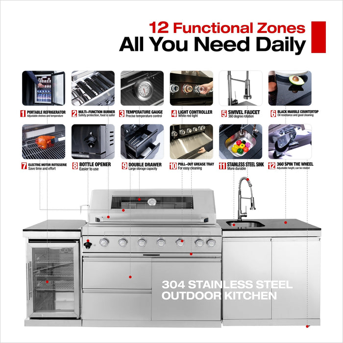 96" 6-Burner 85,000 BTU Deluxe Stainless Outdoor Kitchen Island Grill with Wine Cooler & Storage Cabinets