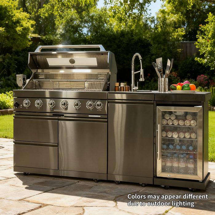 NG 85" 6-Burner 85,000 BTU Black Outdoor Kitchen Island Grill Refrigerator + Rotisserie Kit + Sink
