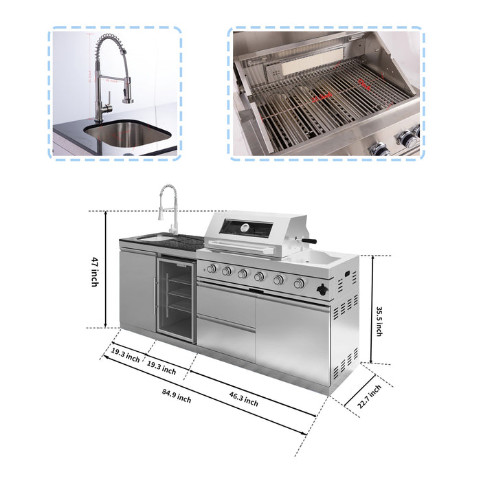 85" 4-Burner 72,000 BTU Stainless Outdoor Kitchen Island Grill with Wine Cooler & Sink Silver