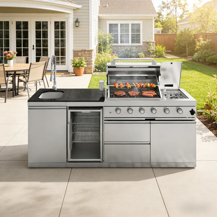 85" 4-Burner 72,000 BTU Stainless Outdoor Kitchen Island Grill with Wine Cooler & Sink Silver