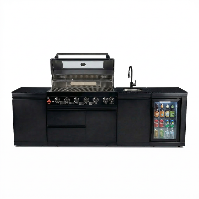 102" 6-Burner 85,000 BTU Black Outdoor Kitchen Island Grill + Refrigerator + Marble Countertops + Sink