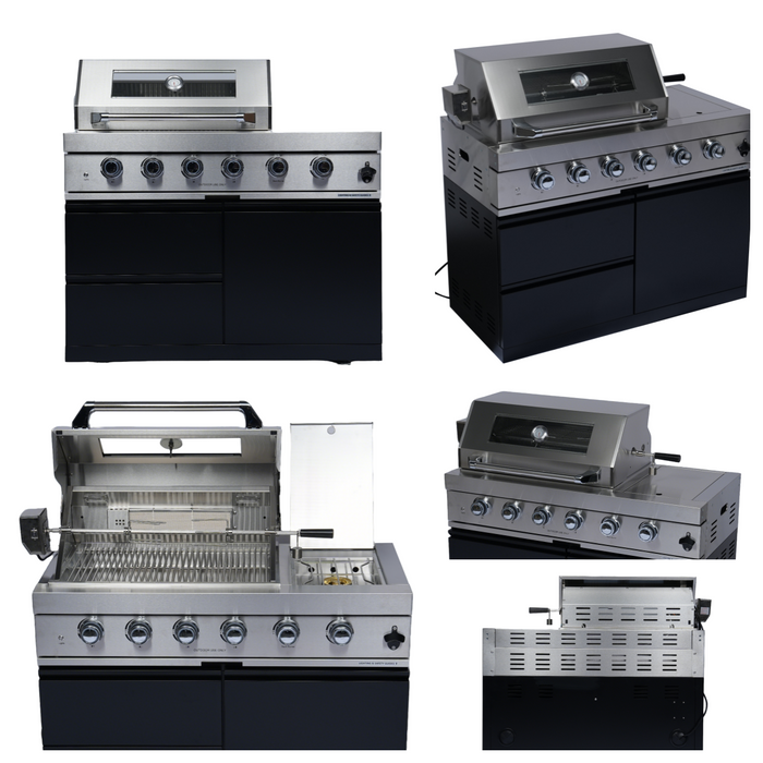 Stainless 98" 4-Burner 72,000 BTU Black Outdoor Kitchen Island Grill + Refrigerator + Rotisserie + Storage Cabinets & Drawers
