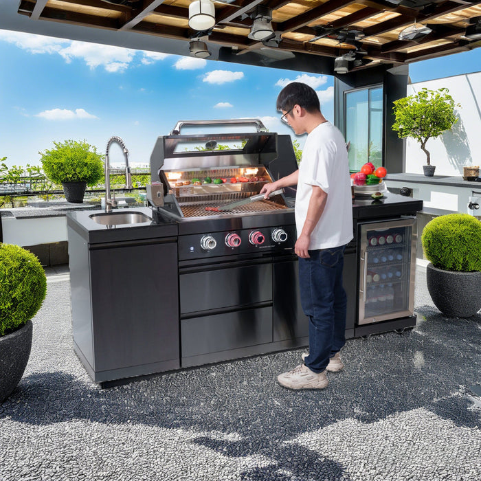 85" 4-Burner 72,000 BTU Stainless Outdoor Kitchen Island Grill with Wine Cooler & Sink Black