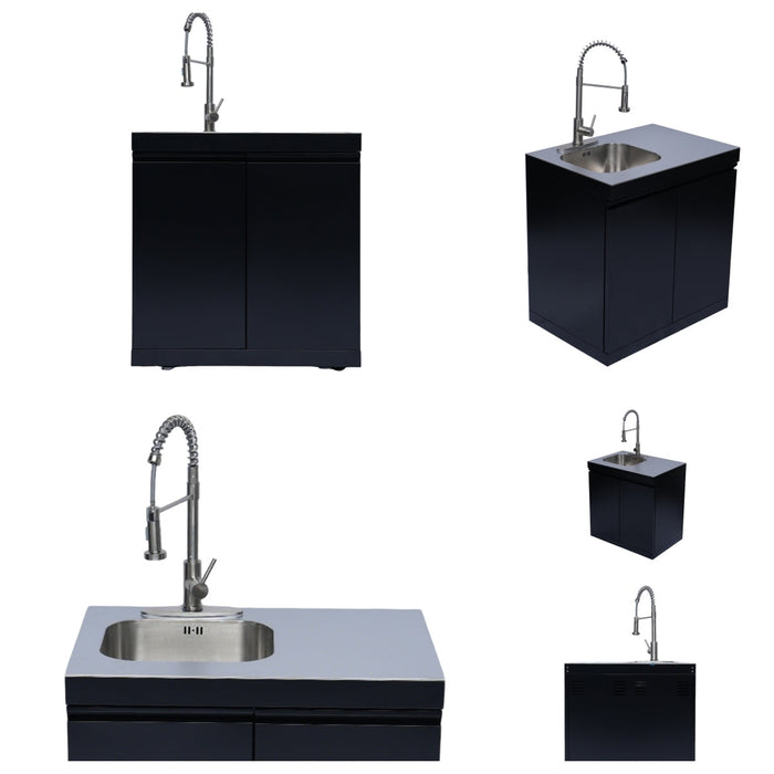 Stainless 98" 4-Burner 72,000 BTU Black Outdoor Kitchen Island Grill + Refrigerator + Rotisserie + Storage Cabinets & Drawers