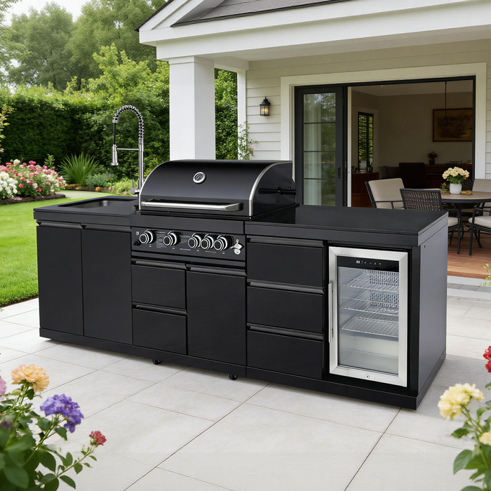 102.4", 4-Burner, 59,500 BTU Black Outdoor Kitchen Island Grill with Sink & Refrigerator