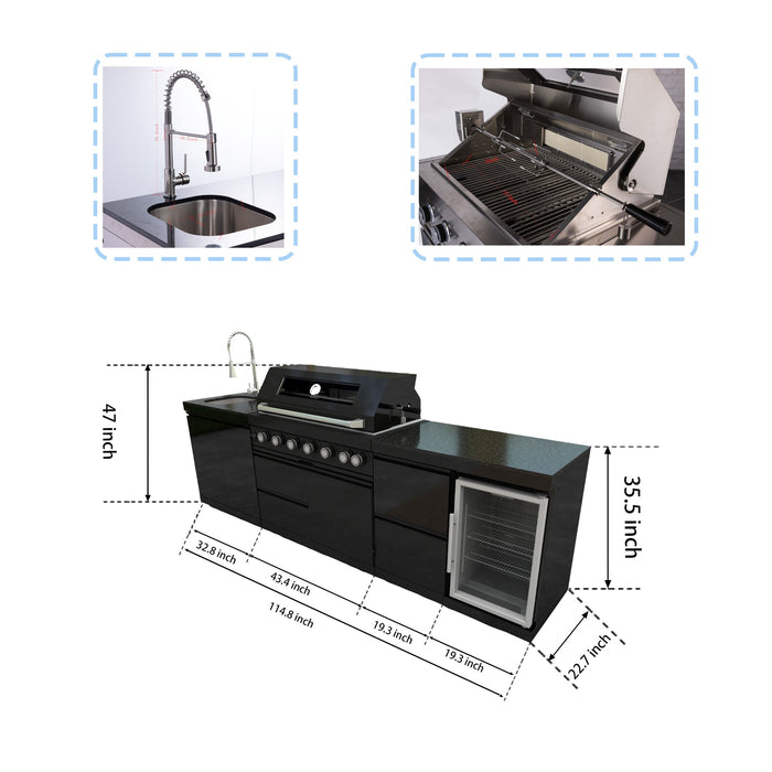 115" 6-Burner 85,000 Black Outdoor Kitchen Island Grill Rotisserie kit