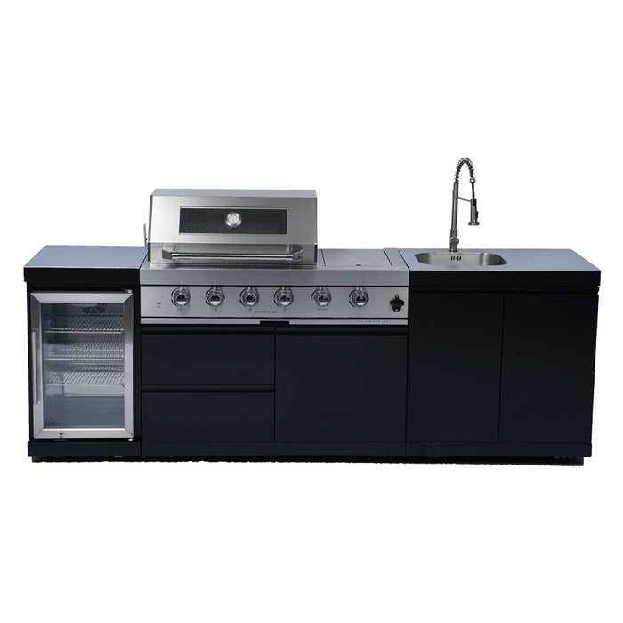 Stainless 98" 4-Burner 72,000 BTU Black Outdoor Kitchen Island Grill + Refrigerator + Rotisserie + Storage Cabinets & Drawers