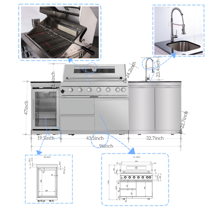 96" 6-Burner 85,000 BTU Deluxe Stainless Outdoor Kitchen Island Grill with Wine Cooler & Storage Cabinets
