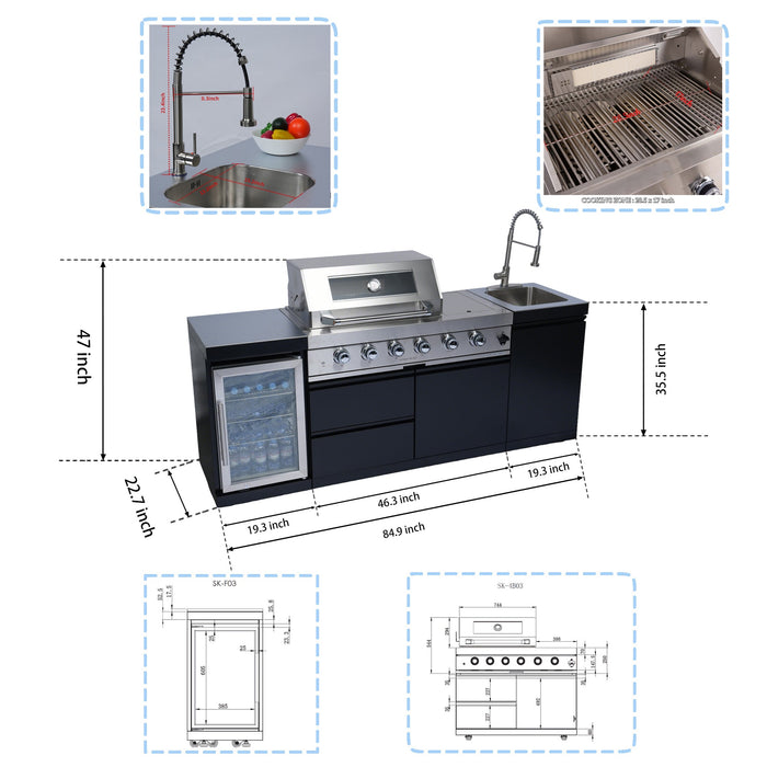 Stainless 85" 4-Burner 72000 BTU Black Outdoor Kitchen Island Grill +  Refrigerator + Rotisserie