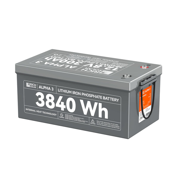 Rich Solar ALPHA 3 12V 300Ah LiFePO4 Battery (3.84kWh), Internal Heating, Bluetooth, IP65 Lithium Battery for RVs, Cabins