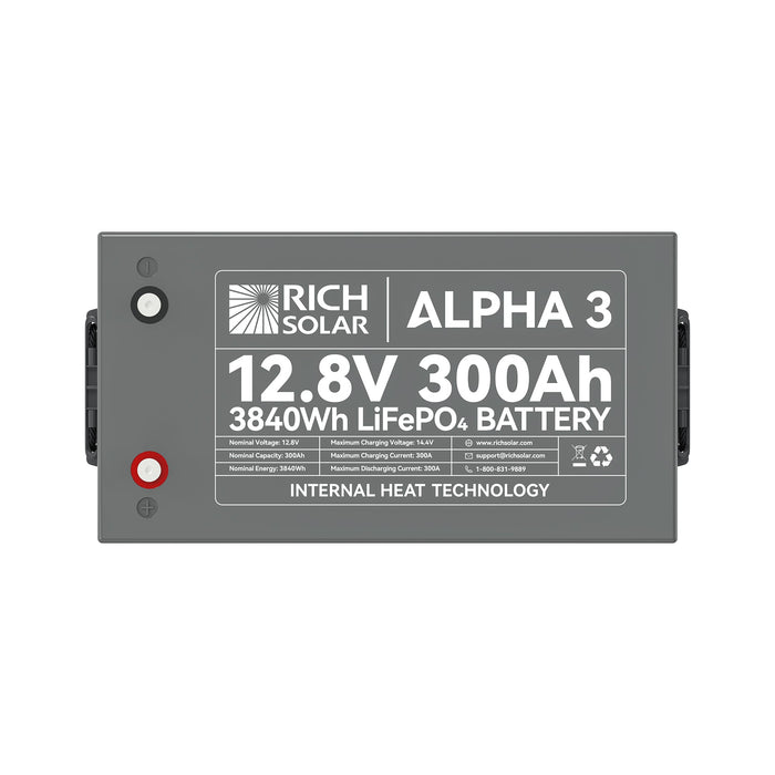 Rich Solar ALPHA 3 12V 300Ah LiFePO4 Battery (3.84kWh), Internal Heating, Bluetooth, IP65 Lithium Battery for RVs, Cabins