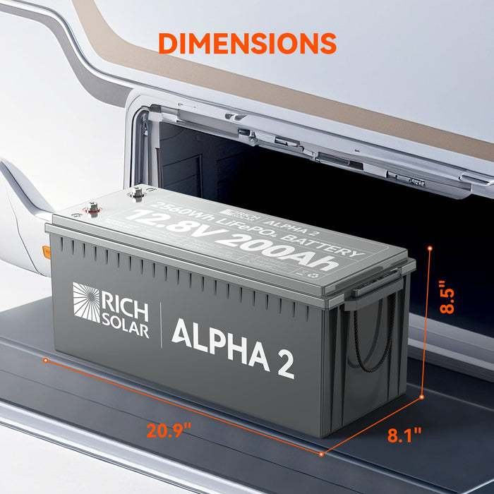 Rich Solar ALPHA 2 | 12V 200Ah LiFePO4 Battery | Powerful 12V Lithium Battery for RVs, Trailers, Vans, Boats, Off-Grid | 5,000 Lifetime Cycles | Bluetooth and Internal Heat Technology
