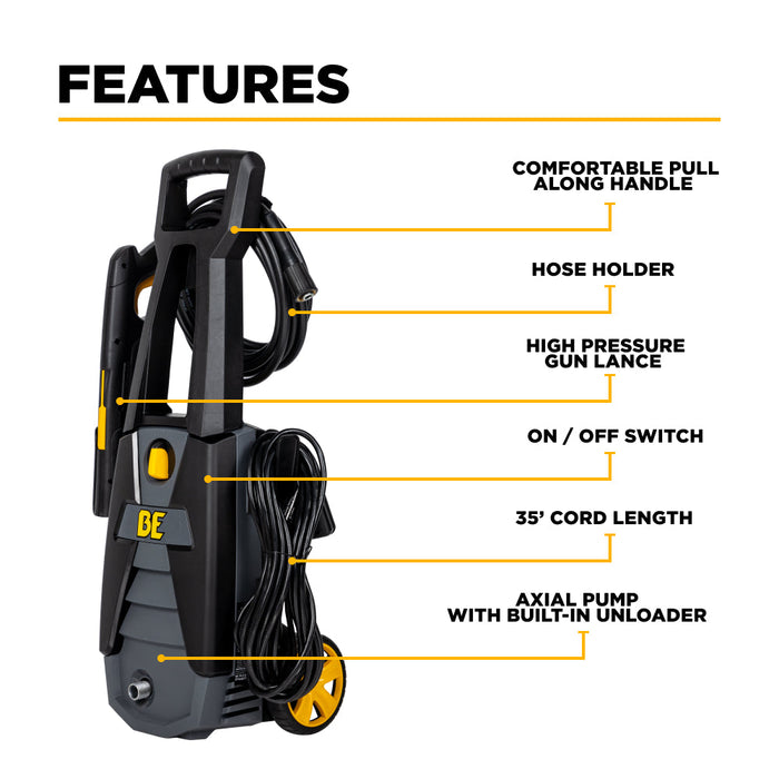 BE Power 1,700 PSI 1.7 GPM Electric Power Washer with Powerease Motor and AR Axial Pump - P1715EN