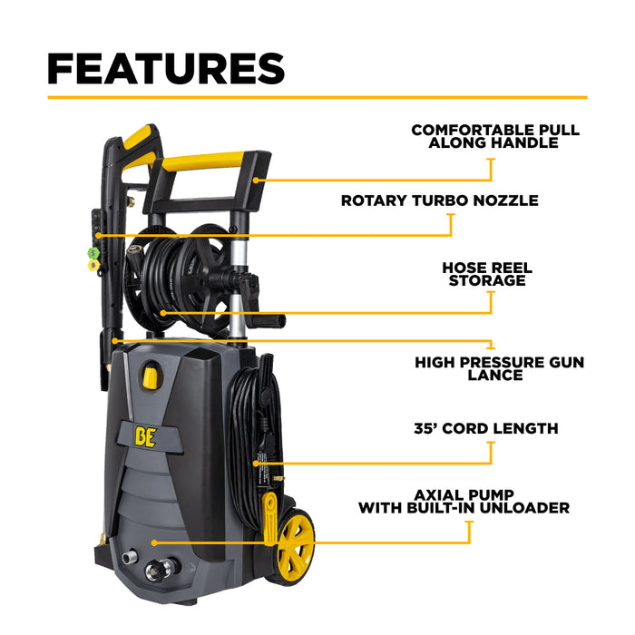 BE Power 2,150 PSI 1.6 GPM Electric Pressure Washer with Powerease Motor and AR Axial Pump - P2115EN