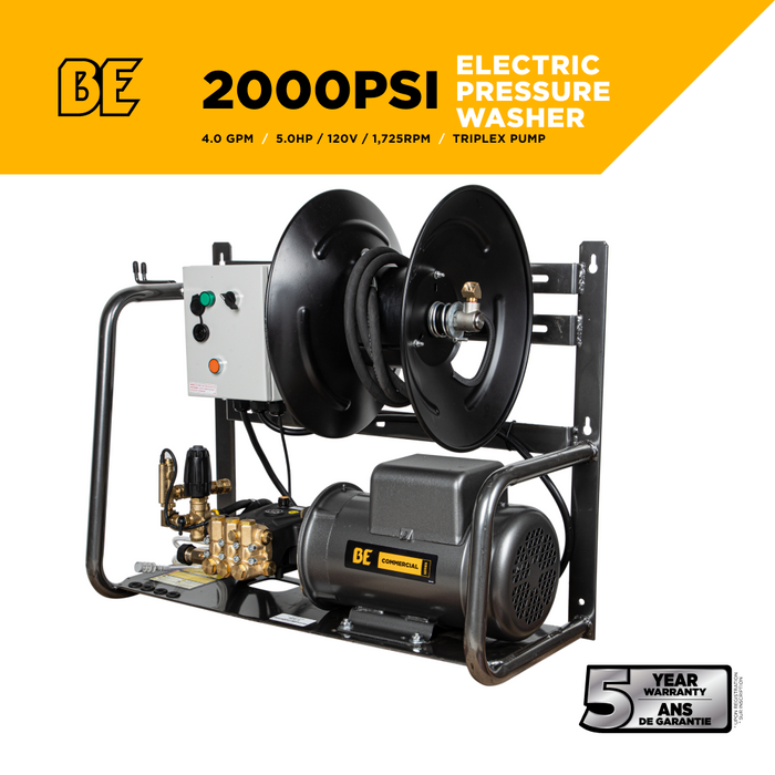 BE Power 2,000 PSI 4.0 GPM 5.0 HP Electric Pressure Washer with Baldor Motor and AR Triplex Pump - X-2050FW1A
