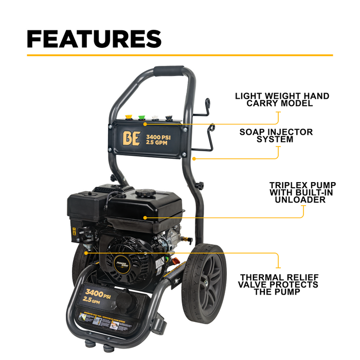 BE Power 3,400 PSI 2.5 GPM Cold Water Gas Pressure Washer - BE3475PX