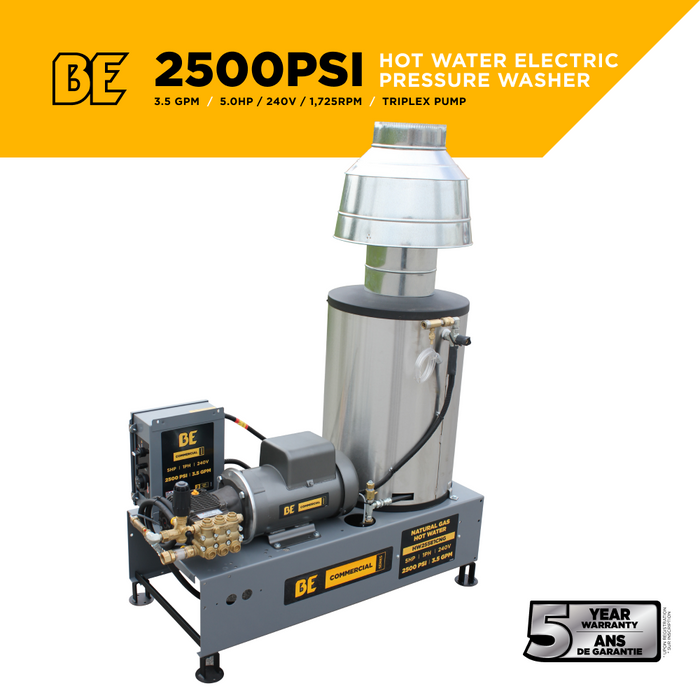 BE Power 2,500 PSI 3.5 GPM 5.0 HP Hot Water Pressure Washer with Baldor Motor and AR Triplex Pump - HW255E3CNG