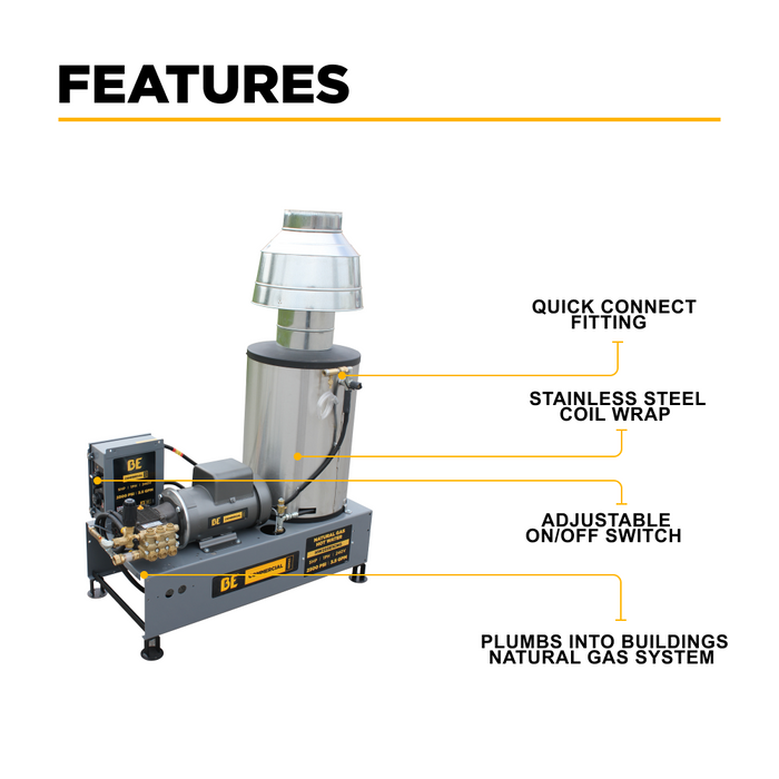 BE Power 2,500 PSI 3.5 GPM 5.0 HP Hot Water Pressure Washer with Baldor Motor and AR Triplex Pump - HW255E3CNG