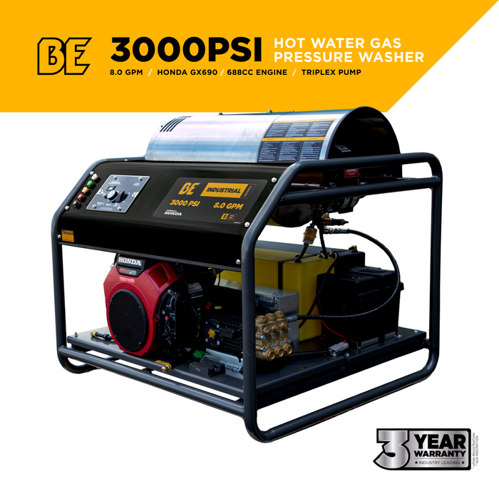 BE Power 3,000PSI 8.0GPM Hot Water Pressure Washer with Honda GX690 Engine and General Triplex Pump - HW3024HG12V