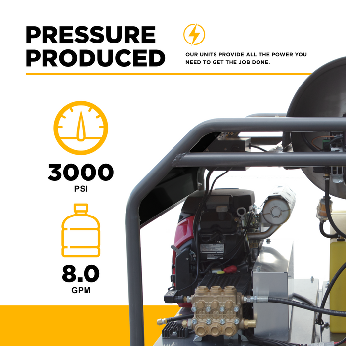 BE Power 3,000PSI 8.0GPM Hot Water Pressure Washer with Honda GX690 Engine and General Triplex Pump - HW3024HG12V