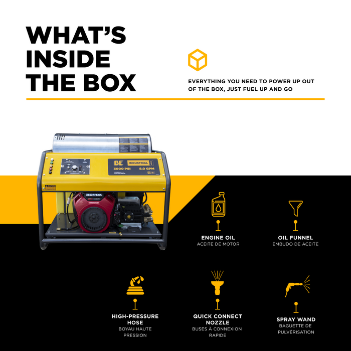 BE Power 3,000PSI 8.0GPM Hot Water Pressure Washer with Honda GX690 Engine and General Triplex Pump - HW3024HG12V