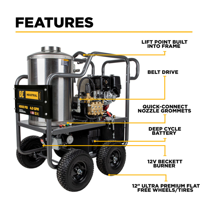 BE Power 4,000 PSI - 4.0 GPM Hot Water Pressure Washer with Honda GX390 Engine and Belt Driven General Triplex Pump - HW4013HBG