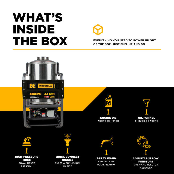 BE Power 4,000 PSI - 4.0 GPM Hot Water Pressure Washer with Honda GX390 Engine and Belt Driven General Triplex Pump - HW4013HBG