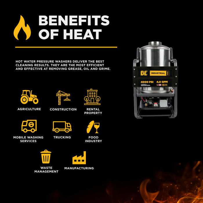 BE Power 4,000 PSI - 4.0 GPM Hot Water Pressure Washer with Honda GX390 Engine and Belt Driven General Triplex Pump - HW4013HBG