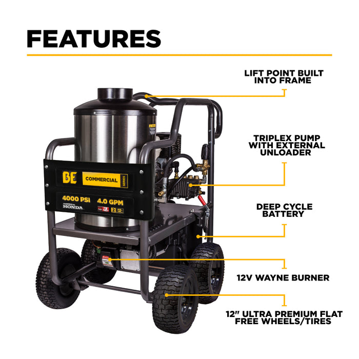 BE Power 4,000 PSI - 4.0 GPM Hot Water Pressure Washer with Honda GX390 Engine and General Triplex Pump - HW4013HG