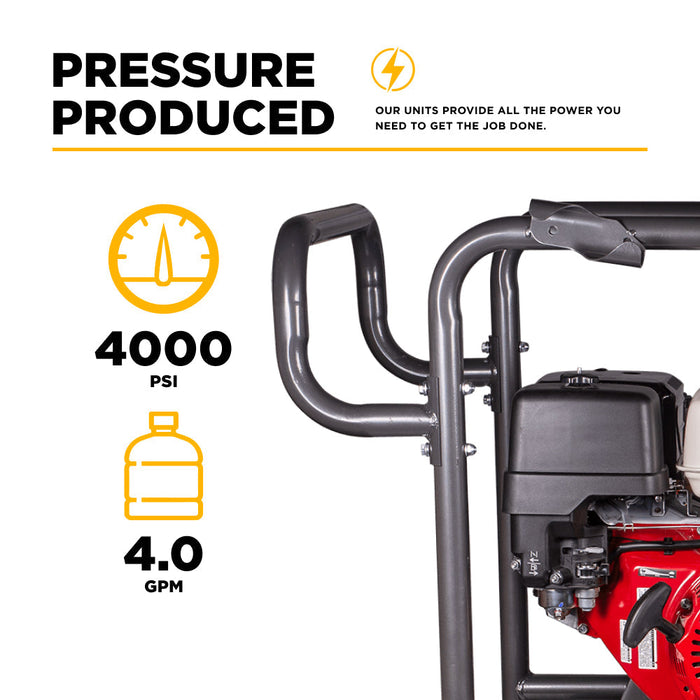 BE Power 4,000 PSI - 4.0 GPM Hot Water Pressure Washer with Honda GX390 Engine and General Triplex Pump - HW4013HG