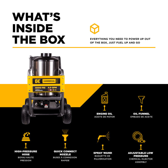 BE Power 4,000 PSI - 4.0 GPM Hot Water Pressure Washer with Honda GX390 Engine and General Triplex Pump - HW4013HG