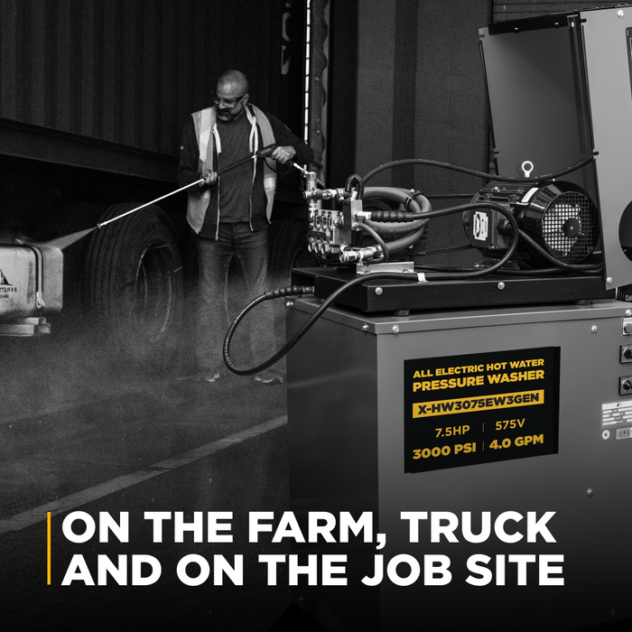 BE Power 3,000 PSI 4.0 GPM 7.5 HP Hot Water Pressure Washer with 7.5HP Motor and General Triplex Pump - X-HW3075EW3GEN