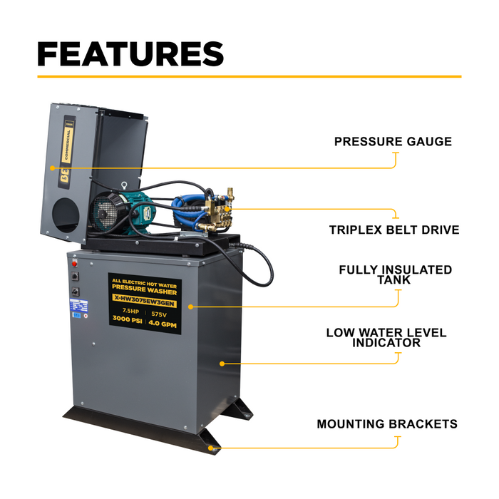 BE Power 3,000 PSI 4.0 GPM 7.5 HP Hot Water Pressure Washer with 7.5HP Motor and General Triplex Pump - X-HW3075EW3GEN