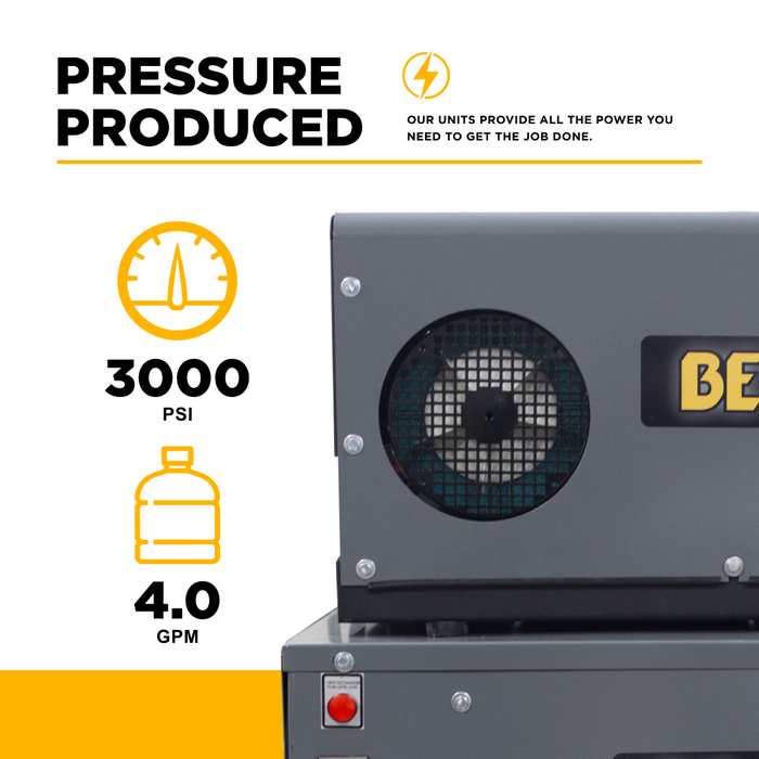BE Power 3,000 PSI 4.0 GPM 7.5 HP Hot Water Pressure Washer with 7.5HP Motor and General Triplex Pump - X-HW3075EW3GEN