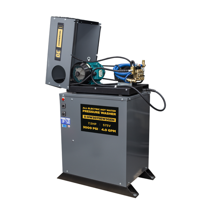 BE Power 3,000 PSI 4.0 GPM 7.5 HP Hot Water Pressure Washer with 7.5HP Motor and General Triplex Pump - X-HW3075EW3GEN
