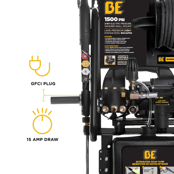 BE Power 1,500 PSI 1.6 GPM 1.5 HP Electric Pressure Washer with Powerease Motor and Triplex Pump - P1515EPNW