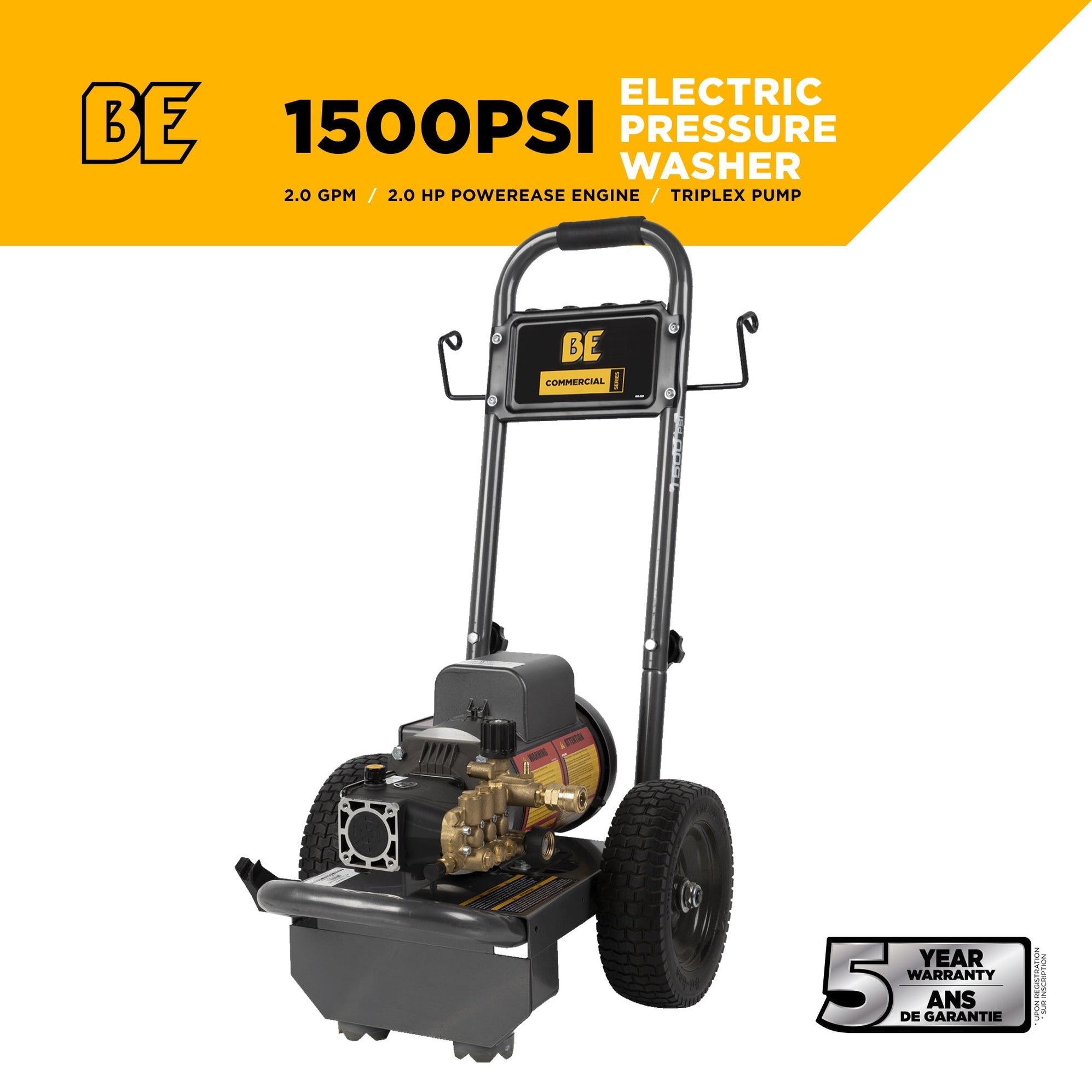 BE Power 1,500 PSI 2.0 GPM Electric Pressure Washer with Baldor Motor ...