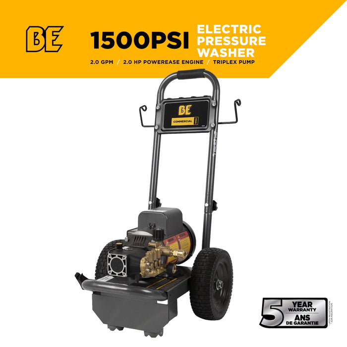 BE Power 1,500 PSI 2.0 GPM Electric Pressure Washer with Baldor Motor and AR Triplex Pump - PE-1520EW1A