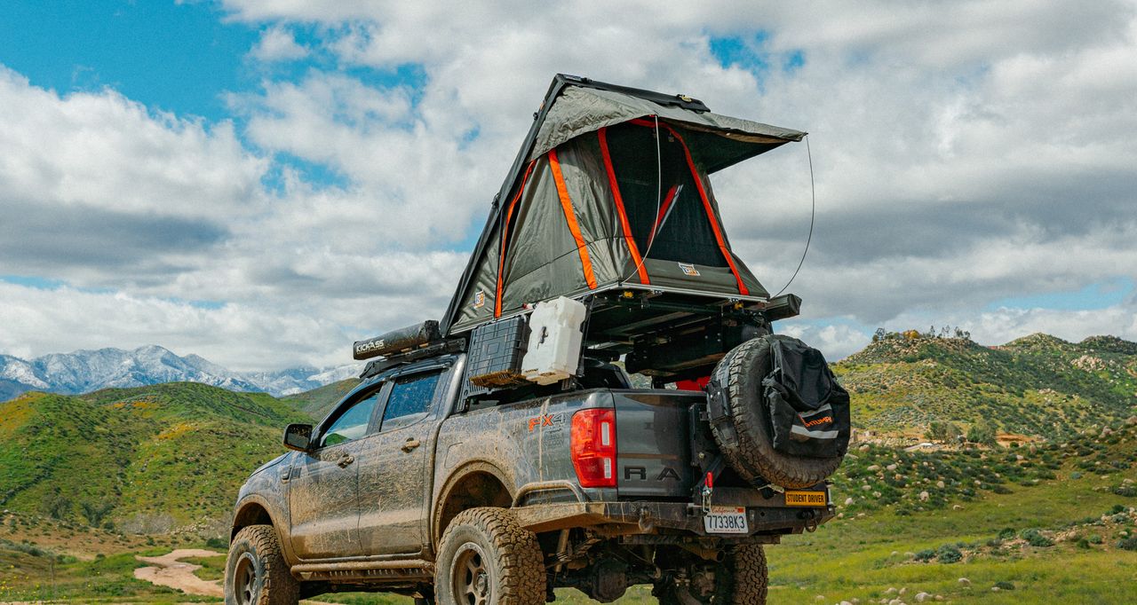 BA TENTS - "PACKOUT"- PREASSEMBLED Soft top Rooftop Tent (Universal Fit) - Black/Rhinotec Cover + Grey/Org Tent - 45x78"