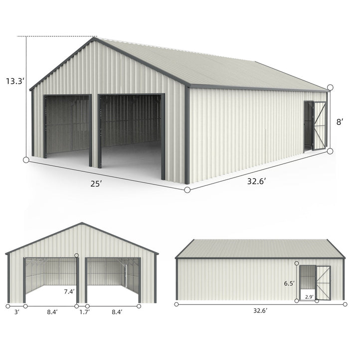 Chery Industrial 25' x 33' Double Garage Metal Shed with Side Entry Door