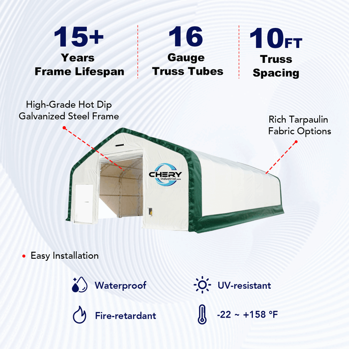 Chery Industrial Gold Mountain Double Truss Arch Storage Shelter 30′ W × 80′ L × 20′ H