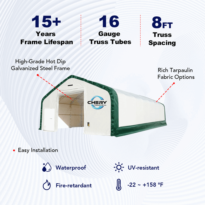 Chery Industrial Double Truss Storage Shelter W40'xL80'xH21', 8' Truss Spacing