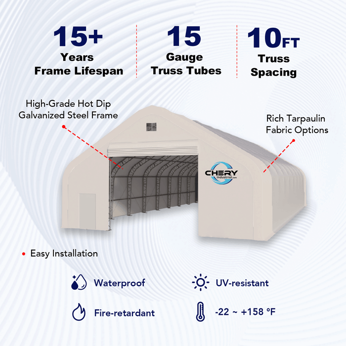 Chery Industrial Gold Mountain Double Truss Storage Shelter 50′ W × 100′ L × 23′ H