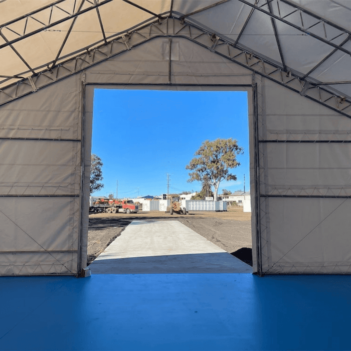 Chery Industrial Gold Mountain Double Truss Storage Shelter 70′ W × 120′ L × 28′ H