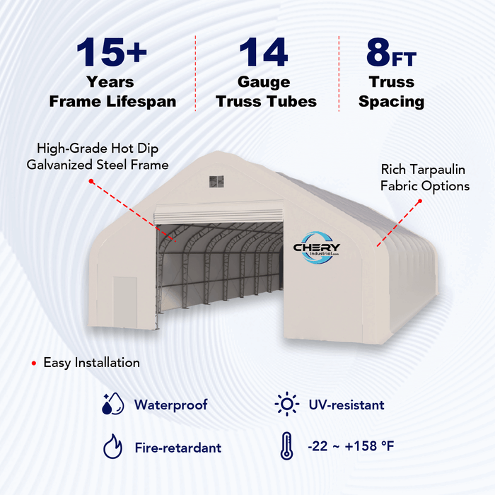 Chery Industrial Gold Mountain Double Truss Storage Shelter 70′ W × 120′ L × 28′ H
