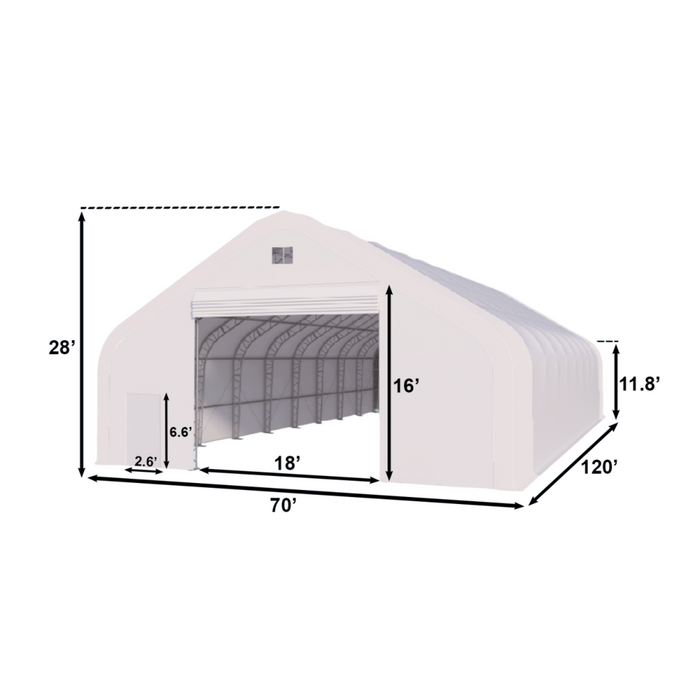 Chery Industrial Gold Mountain Double Truss Storage Shelter 70′ W × 120′ L × 28′ H