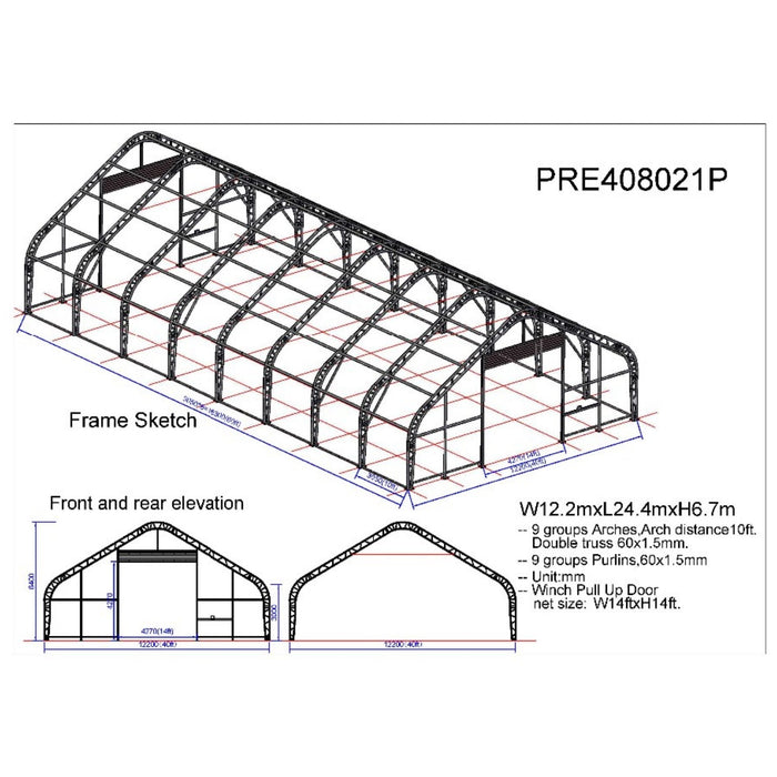 Chery Industrial Double Truss Storage Shelter W40'xL80'xH21', 10' Truss Spacing