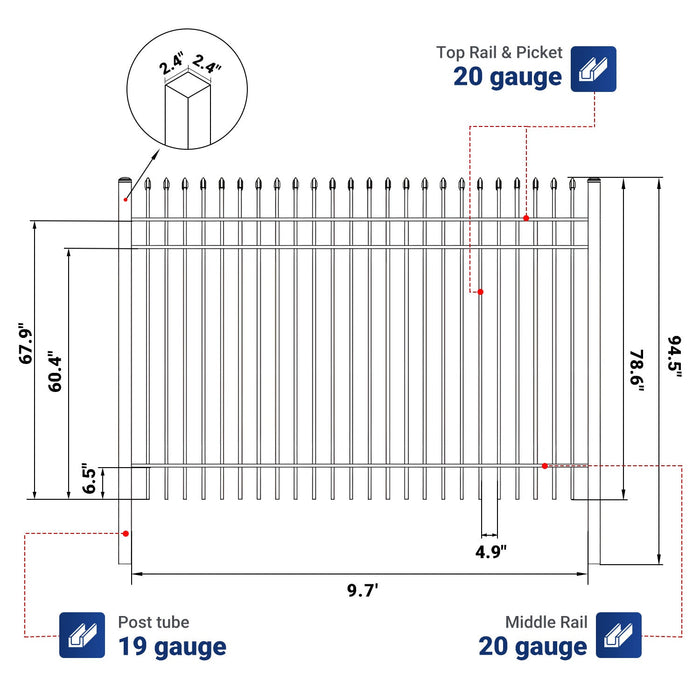 10x7 ft Steel Fence with 3 Rails, 30 Panels