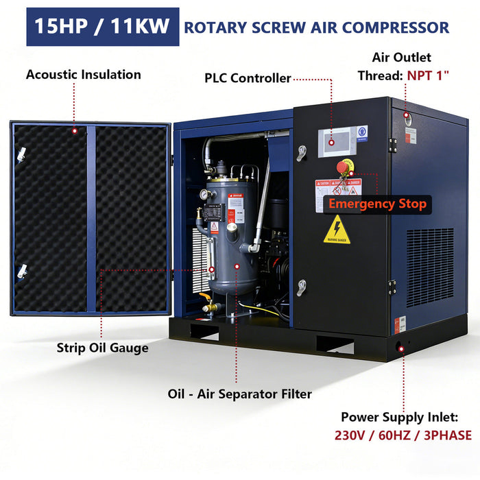 56CFM Rotary Screw Air Compressor, 15HP, 125PSI, 230V 3PHASE 60HZ