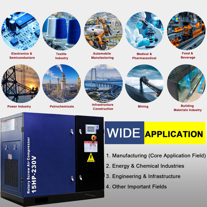 56CFM Rotary Screw Air Compressor, 15HP, 125PSI, 230V 3PHASE 60HZ